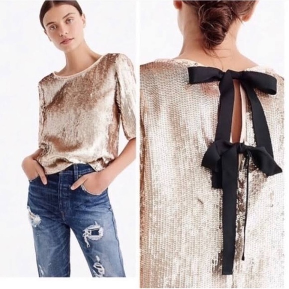 J. Crew Shimmering Gold Sequin Boxy Blouse Top w Black Ribbon Bow Ties Size 10 - Picture 3 of 11